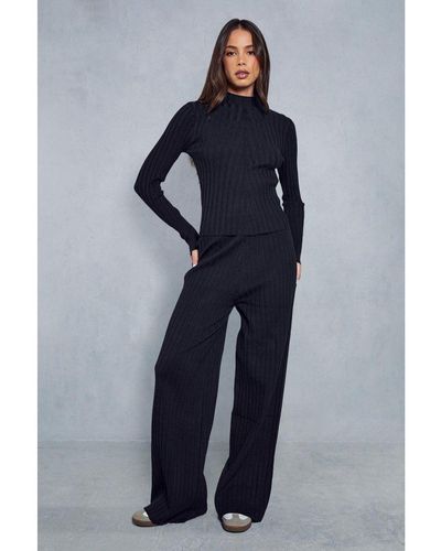 MissPap Knitted Wide Ribbed High Neck Top & Trousers Co-Ord - Blue