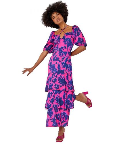 Roman Floral Puff Sleeve Tiered Maxi Dress - Purple