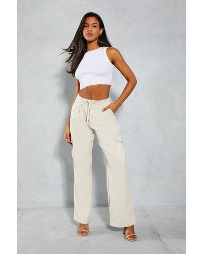 MissPap Tie Waist Pocket Relaxed Cargo Trousers - White
