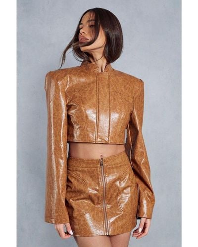MissPap Crackle Leather Look Structured Cropped Jacket - Brown