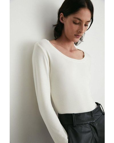 Warehouse Scoop Neck Long Sleeve Top Viscose - White