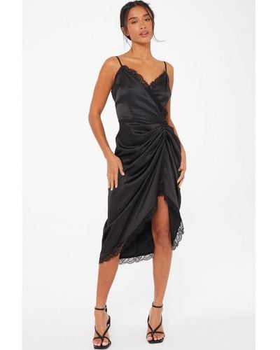Quiz Petite Satin Lace Trim Midi Dress - Black