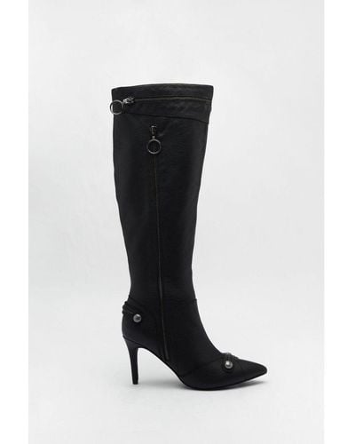 Warehouse Leather Zip & Stud Pointed Toe Knee High Boots - Black