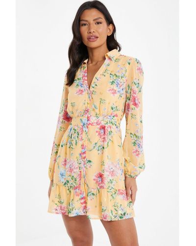 Quiz Yellow Chiffon Floral Mini Shirt Dress