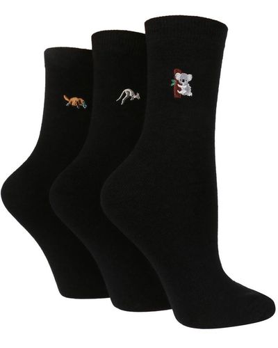 Wildfeet Wild Feet - 3 Pack Ladies Embroidered Animal Design Cotton Rich Socks - Black