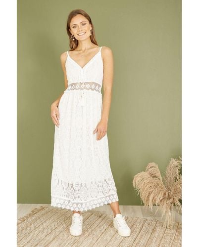 Yumi' Lace Midi Sundress With Tassel Tie And Ruched Back Cotton - Green