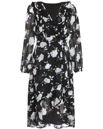 Quiz Petite Floral Frill Wrap Midi Dress - Black