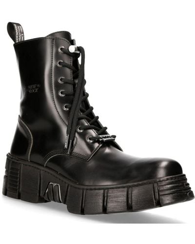 New Rock Boots Leather Ankle Tower Biker Boots-M-Wall026N-C5 - Black