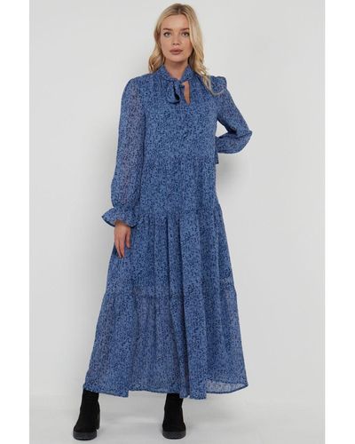 Gini London Blauwe Gebloemde Maxi-jurk Met Gestrikte Hals