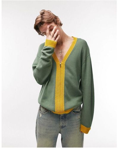 TOPMAN Zip Cardigan With Contrast - Green