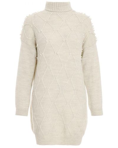 Quiz Knitted Pearl Sleeve Jumper Dress - White