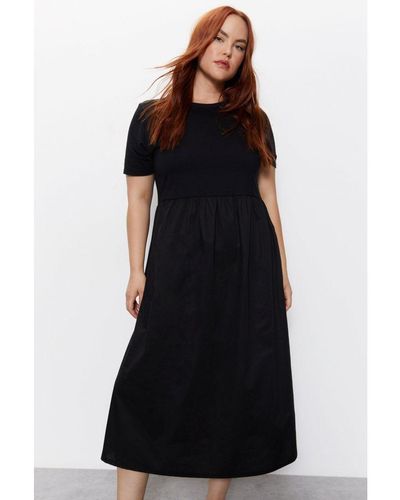 Warehouse Plus Short Sleeve Woven Mix Midi Dress - Black