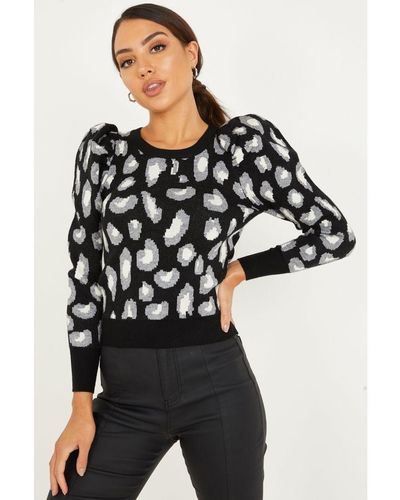 Quiz Knitted Leopard Print Jumper - Black