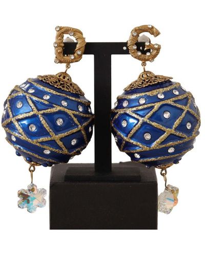 Dolce & Gabbana Goud Messing Blauwe Kerstbal Kristallen Clip Op Oorbellen