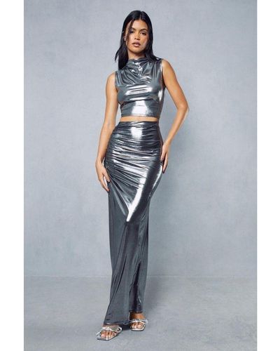MissPap Metallic Slinky Ruched Side Maxi Skirt - Blue
