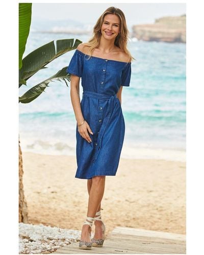 Sosandar Button Front Bardot Denim Dress Cotton - Blue