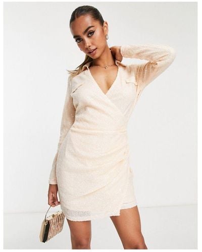 In The Style Exclusive Sequin Plunge Front Collar Detail Mini Wrap Dress - White