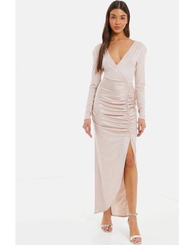 Quiz Champagne Shimmer Ruched Maxi Dress - White