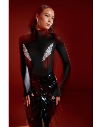 MissPap Diamante Trim Sheer Mesh Long Sleeve Bodysuit - Red