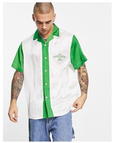 ASOS Relaxed Revere Satin Bowling Shirt With Chest Embroidery-green