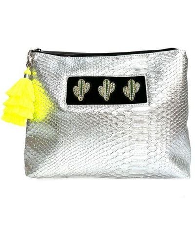 Apatchy London Snakeskin Wash Bag With Trio Of Cacti & Neon Tassel Faux Leather - White