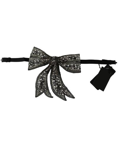 Dolce & Gabbana Silver Tone 100% Silk Crystal Verfraaide Vrouwen Bowtie - Zwart