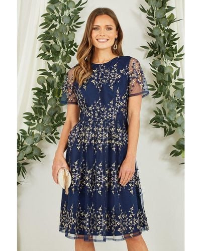 Yumi' Navy Embroidered Mesh Prom Dress - Blue