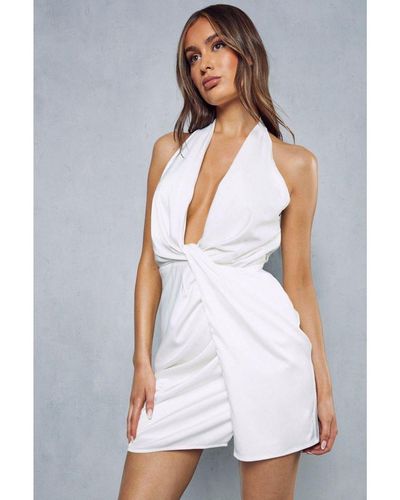 MissPap Premium Satin Twist Detail Mini Dress - White