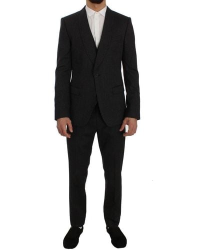Dolce & Gabbana Grijs Wollen Zijden Stretch Slim Fit 3-delig Pak Voor - Zwart