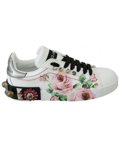 Dolce & Gabbana Leather Crystal Roses Floral Trainers Shoes - White