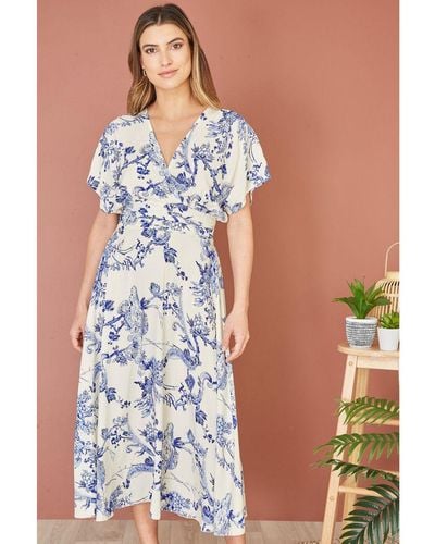 Yumi' And Print Ruched Waist Kimono Midi Dress Viscose - Blue