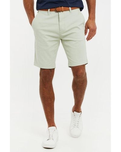 Threadbare Green 'conta' Cotton Turn-up Chino Shorts With Woven Belt - Natural