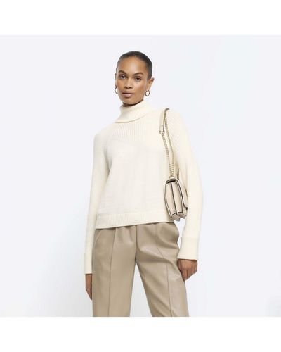 River Island Jumper Rib Roll Neck Viscose - Natural