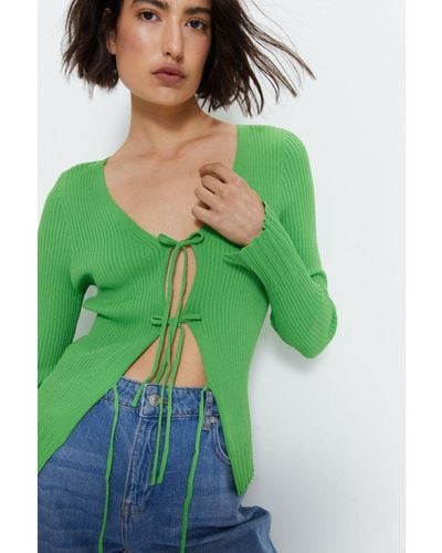 Warehouse Tie Front Ribbed Knit Cardigan - Green