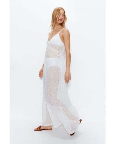 Warehouse Broderie Lace Trim Volume Maxi Beach Dress - White