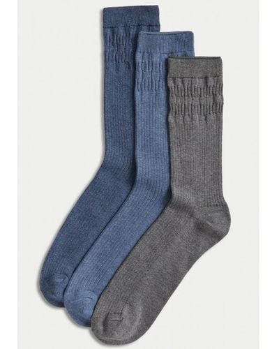 Marks & Spencer M&s 3 Pack Gentle Grip Cool & Fresh Socks Blue Mix Cotton