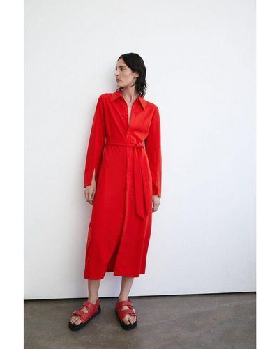 Warehouse Jersey Crepe Statement Collar Shirt Midi Dress - Red