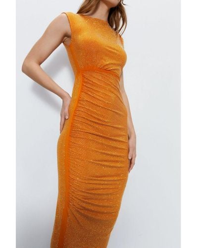 Warehouse All Over Hotfix Detail Dress - Orange