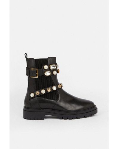 Coast Gem And Faux Pearl Strap Leather Boot - Black