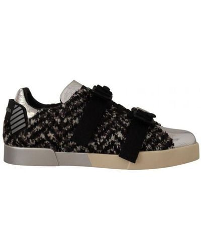 Dolce & Gabbana Silver Leather Brown Cotton Wool Trainers Shoes - Black