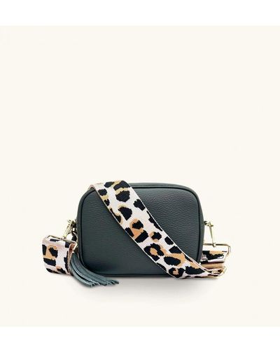 Apatchy London Dark Leather Crossbody Bag With Pale Leopard Strap - Black