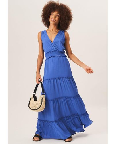 Gini London Shirred Waist Wrap Tiered Midi Dress - Blue