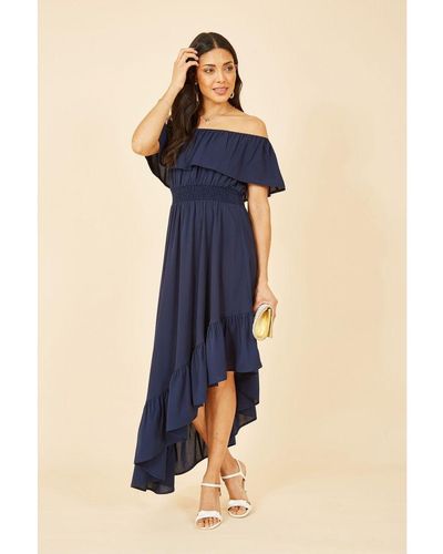 Mela London Bardot Maxi Dress With Asymmetric Hem - Blue