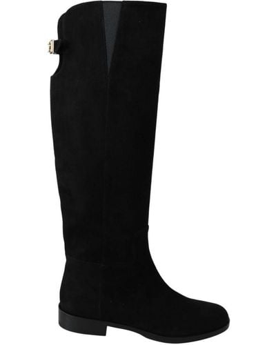 Dolce & Gabbana Black Suede Knee High Flat Boots Shoes Lambskin