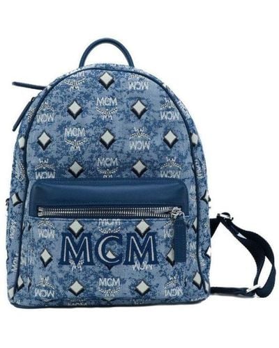 MCM Stark Small Blue Vintage Jacquard Monogram Logo Fabric Backpack Bookbag