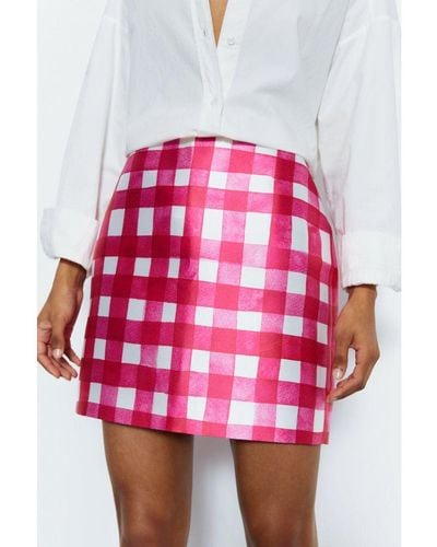 Warehouse Tailored Gingham Satin Twill Mini Skirt - Pink