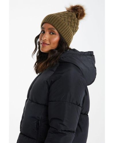 Quiz Knitted Faux Fur Pom Hat - Black