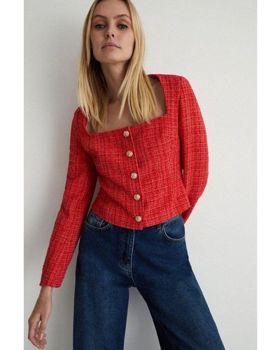 Warehouse Tweed Square Neck Jacket - Red