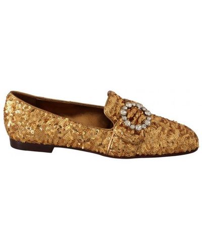 Dolce & Gabbana Gold Sequin Crystal Flat Loafers Shoes - Brown