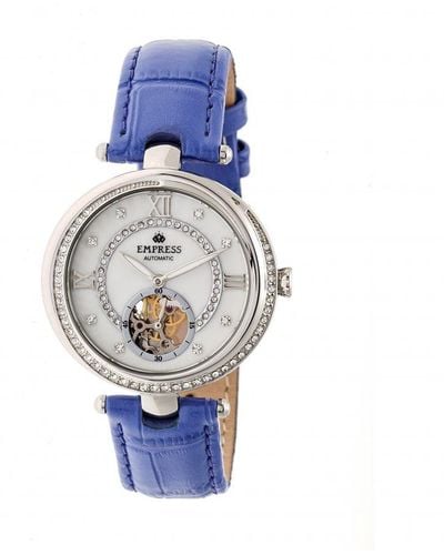 Empress Stella Automatic Semi-skeleton Mop Leather-band Watch Stainless Steel - Blue